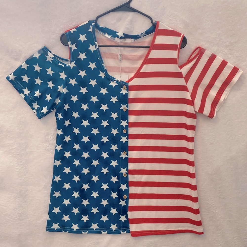 Women Cold Shoulder Button Down Short Sleeve Top-size XL